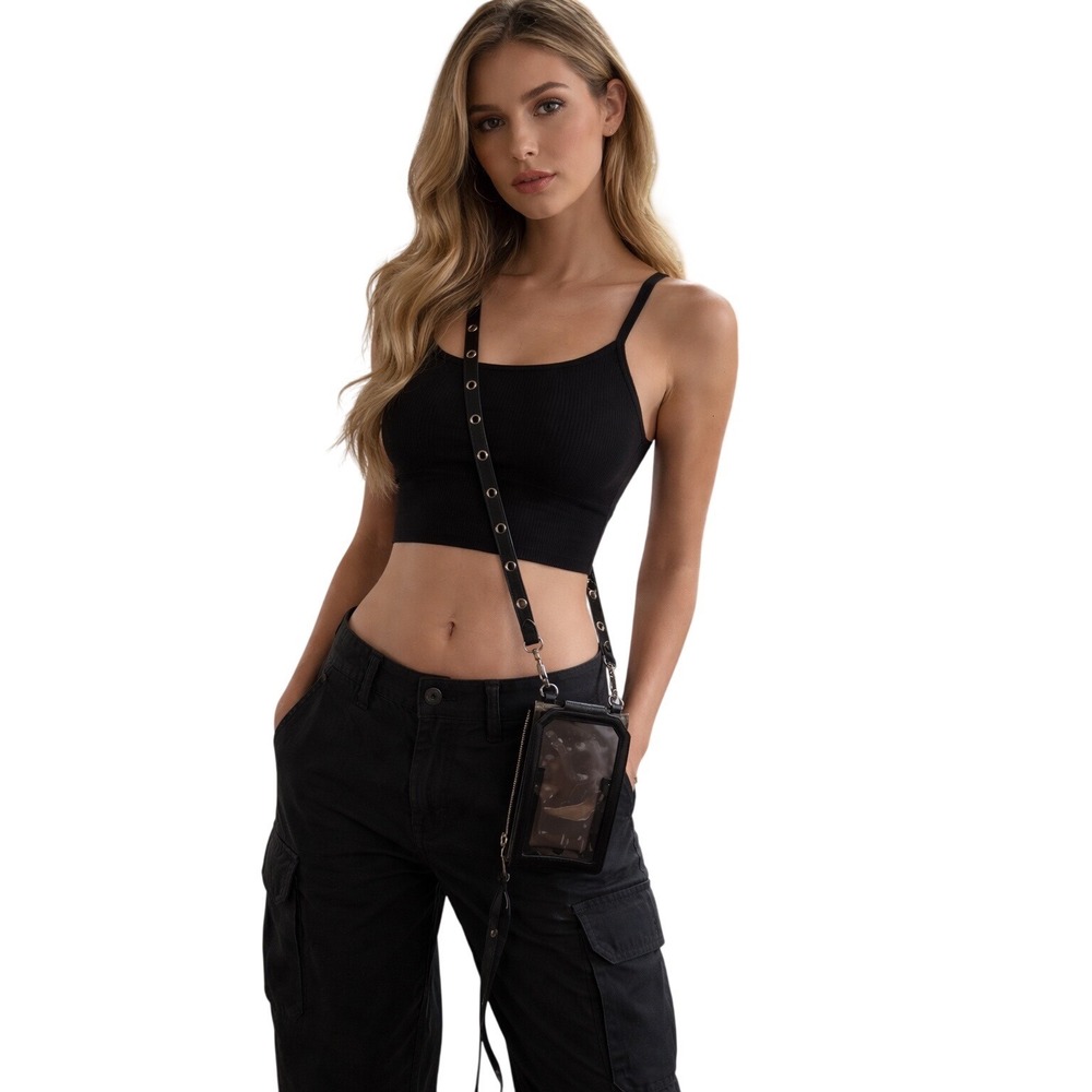 Aimee Kestenberg Black Leather Grey Nylon Crossbody Phone Bag Grommet Strap